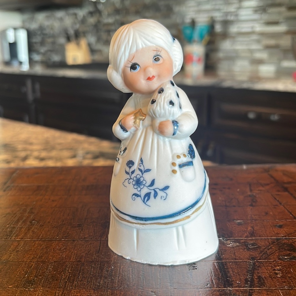 Vintage Royal Majesta Jasco Blue & White porcelain Bisque Christmas Girl Bell